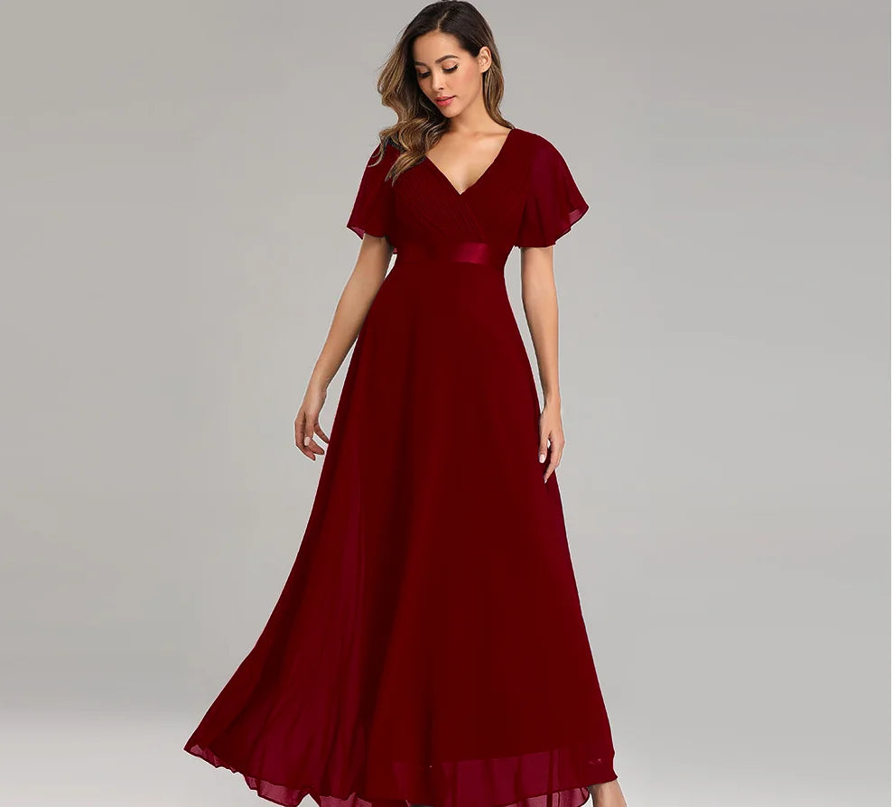 Vestido de Noche Elegante de Gasa con Volantes - Cuello en V Línea A para Bodas y Fiestas