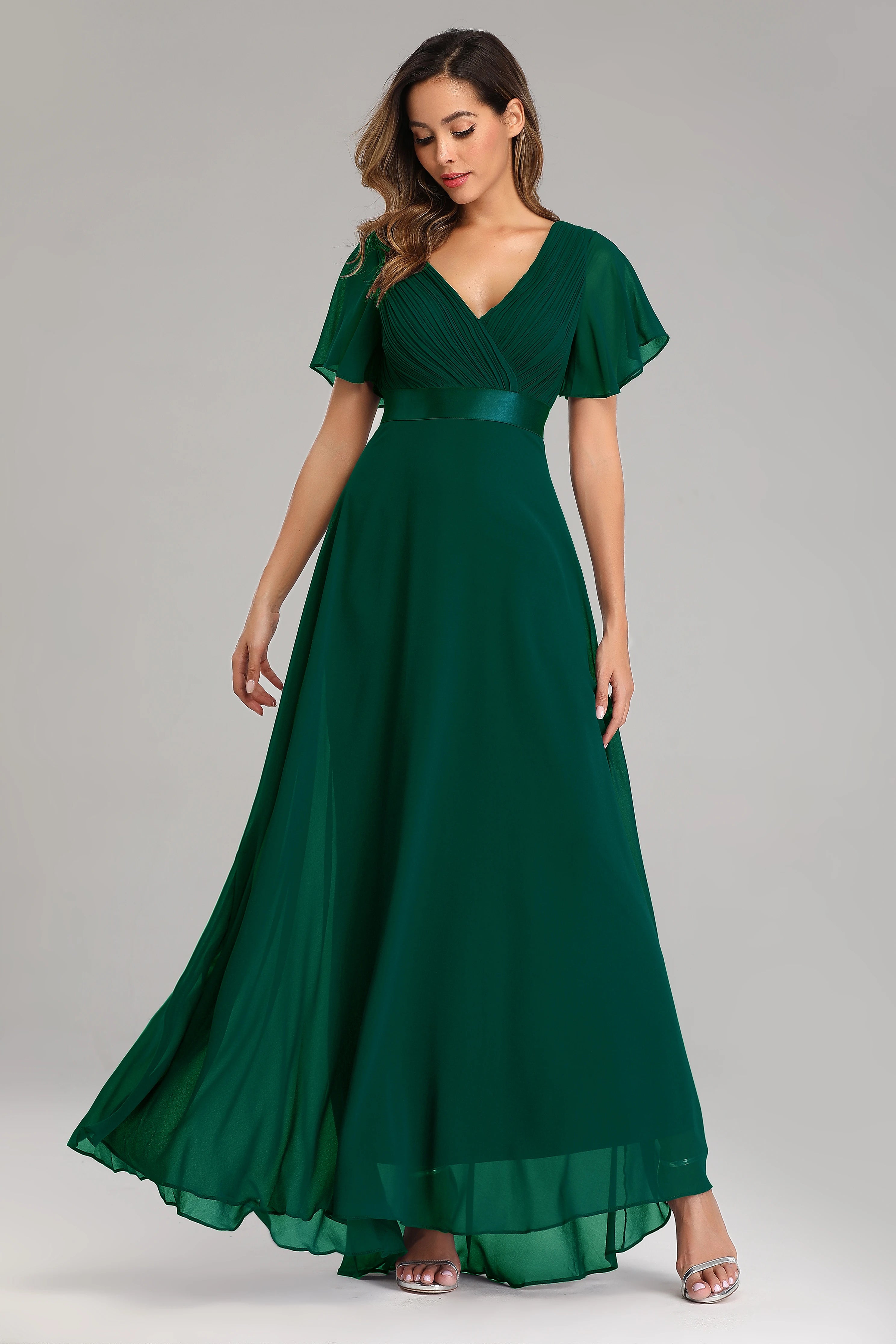 Vestido de Noche Elegante de Gasa con Volantes - Cuello en V Línea A para Bodas y Fiestas
