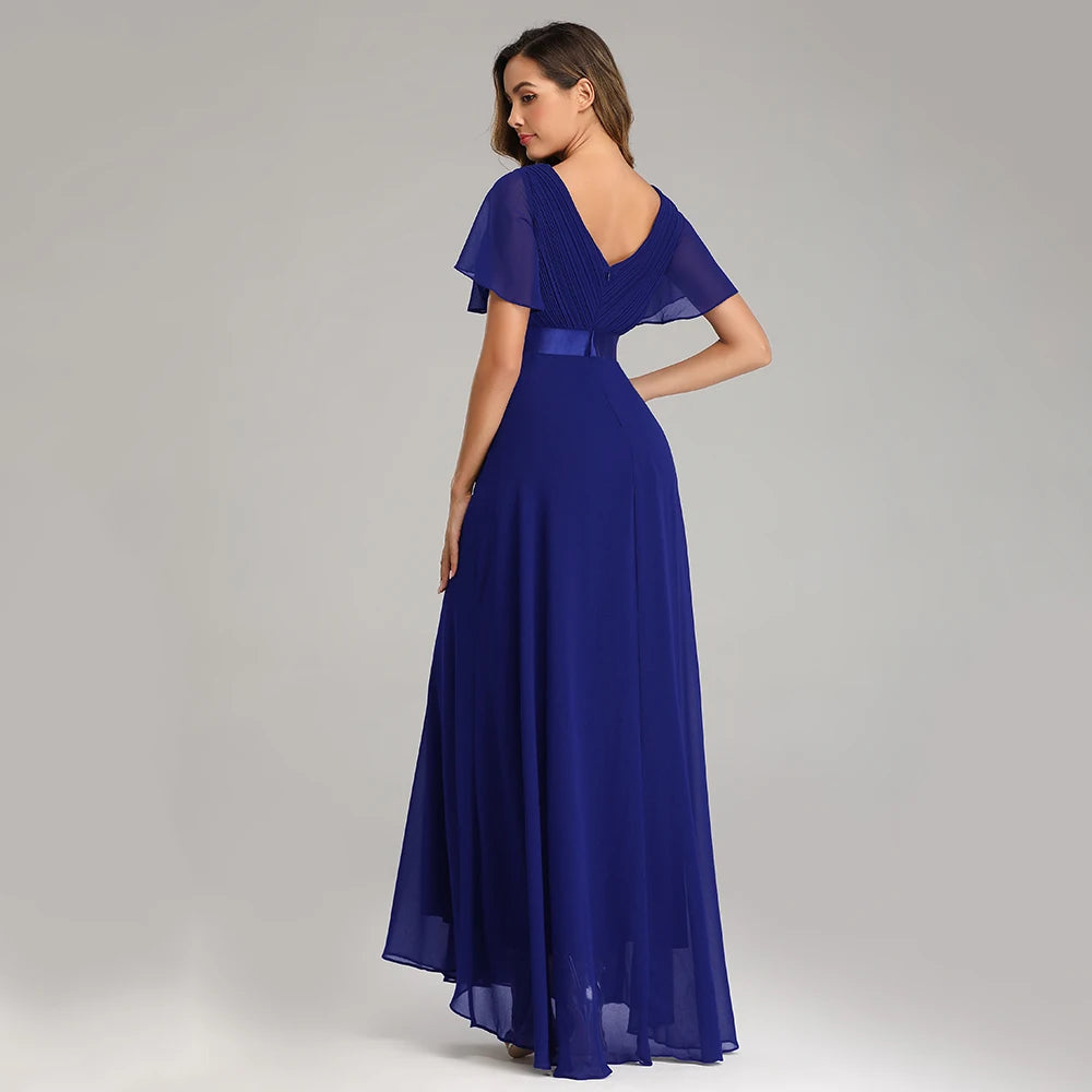 Vestido de Noche Elegante de Gasa con Volantes - Cuello en V Línea A para Bodas y Fiestas