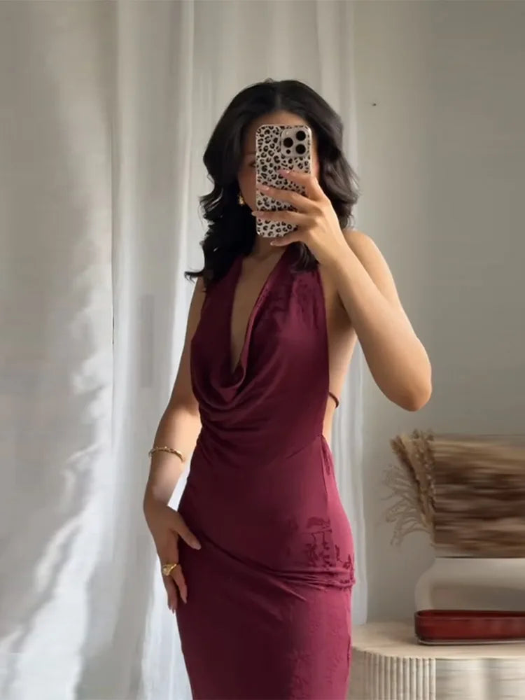 Vestido Rojo Elegante de Fiesta con Escote en V - Diseño Vintage para Mujer